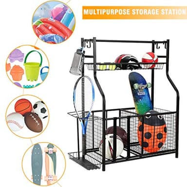 Snail Garage Storage System Sports Equipment Organizer with Baskets and Hooks, Sports Gear and Ball Storage Rack with Wheels for Garages, Playgroup, Gym and Schools, Powder Coated Steel, Black - Image 4