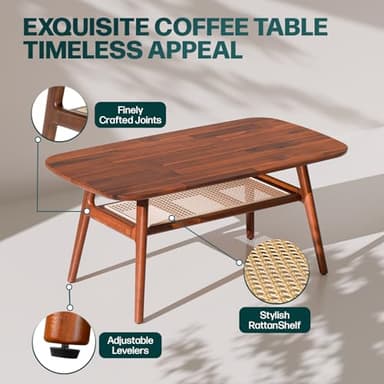 Bme Nancy Solid Acacia Wood Coffee Table for Living Room, Spacious Oval-Shaped 237 Lbs Top Capacity, Rattan Shelf Below, Mid Century, Rustic and Modern Style Living Room Furniture, Dark Chocolate - Image 4