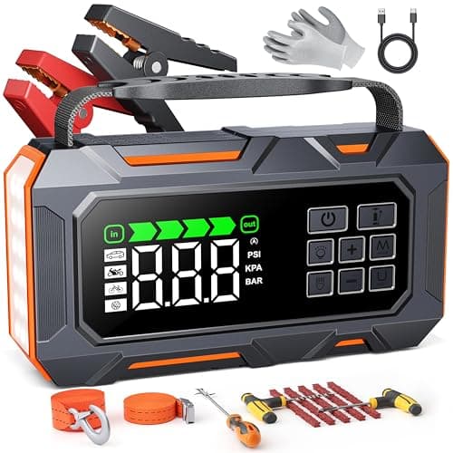 14-in-1 Car Jump Starter, 7000A Jump Starter Jump Box (All Gas 12L Diesel), Jumper Cables Jumper Starter Portable with Air Compressor 160PSI, Car Roadside Emergency Kit, Tow Rope, Gloves, Lights - Image 1
