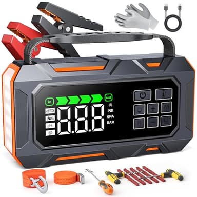14-in-1 Car Jump Starter, 7000A Jump Starter Jump Box (All Gas 12L Diesel), Jumper Cables Jumper Starter Portable with Air Compressor 160PSI, Car Roadside Emergency Kit, Tow Rope, Gloves, Lights - Image 1