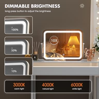 Hasipu Vanity Mirror with Lights, 18" x 14" LED Makeup Mirror, 3 Modes Light, Smart Touch Control Dimmable, 360°Rotation, Rectangle White Frame, with 5X Magnifying Glass - Image 4