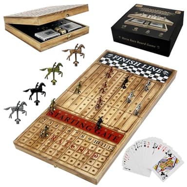 Large 23 inches Horse Racing Board Game with 11 Luxury Metal Horses, Foldable Wood Horse Race Board Game with 2 Sets of Dice, 2 Boxes of Cards for Parties and Gambling - Image 8