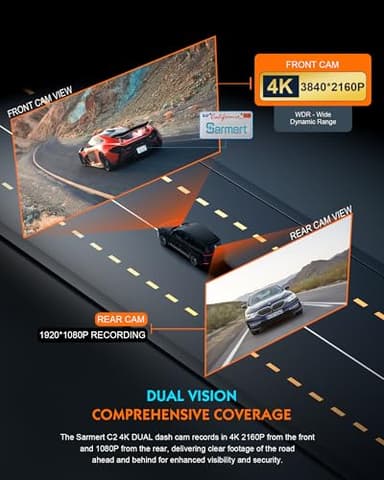 Sarmert C2 4K Dual Dash Cam Front and Rear - Built-in GPS and 5G WiFi, Free 64GB Card Included, 4K UHD Dash Camera for Cars, Night Vision, WDR, Loop Recording, App Control, 24H Parking Mode - Image 3