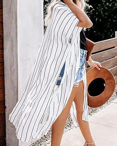Swim Cover Up for Women Stripe Pattern Bikini Kimono Bathing Cardigan Beach Wrap Dress(07-Black and White Stripe,XL) - Image 6