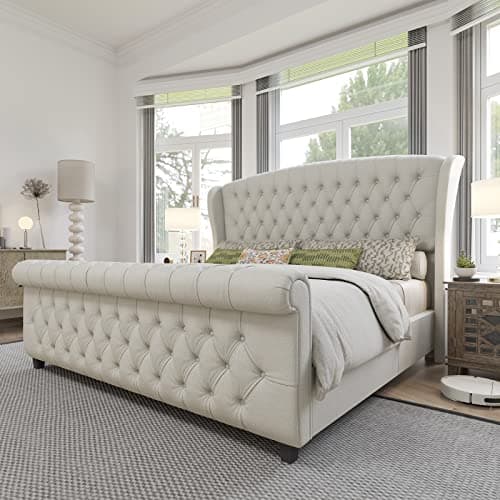 AMERLIFE King Size Platform Bed Frame, Chenille Upholstered Sleigh Bed with Scroll Wingback Headboard & Footboard/Button Tufted/No Box Spring Required/Cream - Image 1