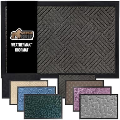 GORILLA GRIP 100% Waterproof All-Season WeatherMax Doormat US Designed Natural Rubber, Stain and Fade Resistant, Low Profile Indoor Outdoor Door Mats, Easy Clean Patio Mat, 17x29, Gray Diamond - Image 1
