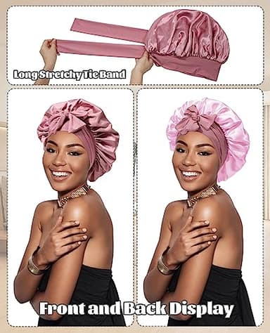 Satin Bonnet for Sleeping Cap Double Layer Hair Bonnet with Elastic Tie Band for Curly Hair Night Cap (Bean Paste + Pink) - Image 2