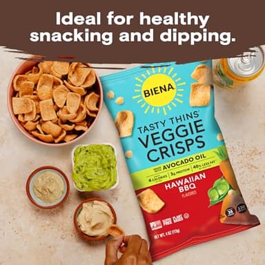 BIENA Tasty Thins Veggie Crisps – Hawaiian BBQ, 4-Pack, 4 oz Bags – Chickpeas & Veggies, Vegan, Gluten Free, Dairy-Free, Non-GMO, Allergy-Friendly, Healthy Snacks for Adults and Kids - Image 8