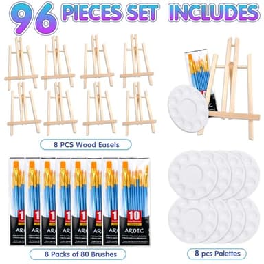 AROIC 96 PCS Painting Supplies Set with Easels, 8 PCS Wood Easels, 8 Packs of 80 Brushes with Nylon Brush Head and 8 PCS Palettes, Tabletop Wooden Art Easel for Kids & Adults Sip and Paint Party - Image 2