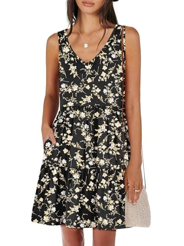 ANRABESS Womens Summer Casual Tank Dress Sleeveless V Neck T Shirt Sundress Flowy Tiered Swing Mini Beach Vacation Dresses Black Floral XX-Large - Image 1
