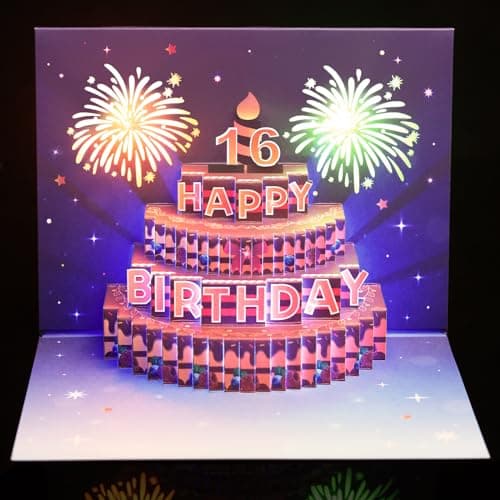 Yinqing 16th Birthday Cards, Light and Music Birthday Cake Happy Birthday Card, 3D Pop Up Birthday Gift Greeting Card for Kids Boys Girls Sister Daughter Son - Image 1