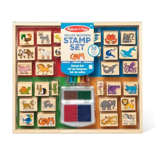 Melissa & Doug Deluxe Wooden Stamp Set: Animals - 30 Stamps, 6 Markers, 2 Stamp Pads - Image 1