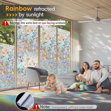 Dwersty Rainbow Window Privacy Film with Cutting Reference Line, 3D Decals Stained Glass Clings, Static Cling Sticker, Suncatcher Windows Cover Tint for Home, 17.5 Inch x 78.74 Inch - Image 2