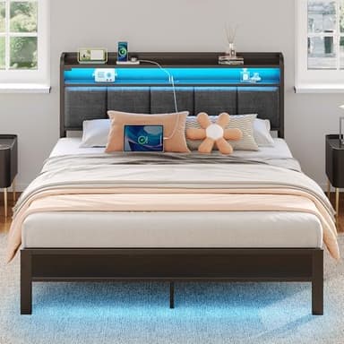 Rolanstar Queen Bed Frame with LED Lights, Upholstered Headboard, Charging Station, Storage Shelves, Heavy Duty Metal Slats, No Box Spring Needed, Noise Free, Easy Assembly, Dark Grey - Image 1
