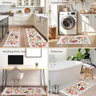 Arenarug Scalloped Kitchen Mats for Floor 2PC Cushioned Anti Fatigue Kitchen Mats Rugs Waterproof Non Slip Farmhouse Boho Floral Comfort Foam Standing Mat for Sink Laundry, White - Image 7