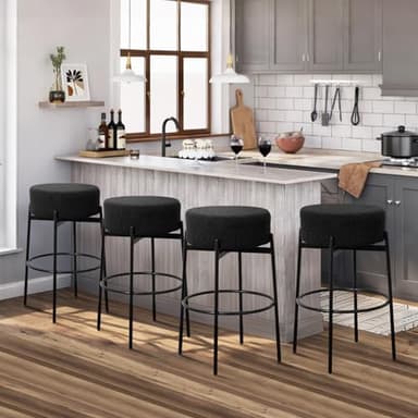 SoarFlash Modern Rotatable Bar Stools Set of 2, 30" Sherpa Swivel Counter Height Stools with Round Soft Padded Boucle Backless Seat, Black - Image 4