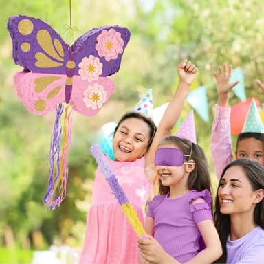 WERNNSAI Butterfly Piñata - Butterfly Birthday Party Supplies Pinata with Stick and Blindfold for Girls Kids Pull String Piñata Family Games Classroom Birthday Party Decorations 16.4” x 12.4” - Image 6
