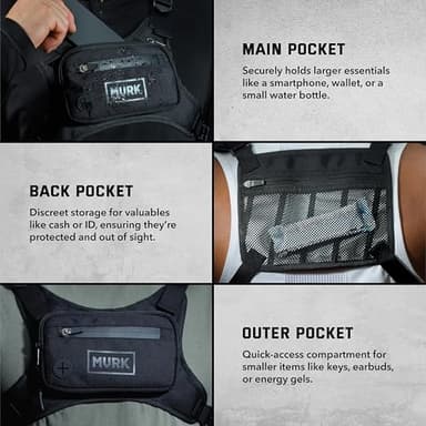 MVRK Water Resistant Chest Pack - Minimalist Running Pack For Workouts, Phone Holder With Extra Storage, Lightweight Running Vest Backpack with Reflective Back (Black) - Image 7