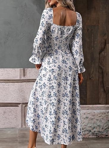 BLENCOT Womens Casual Square Neck Long Sleeve Boho Floral Midi Dress Print Side Split Dresses White XL - Image 8