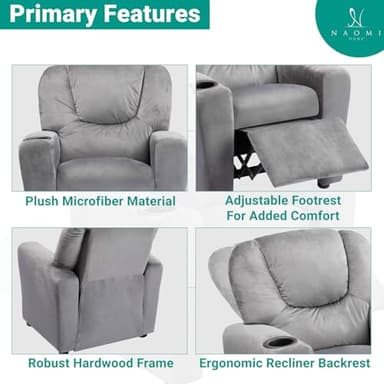 Naomi Home Suri Kids Recliner Chair with Cup Holder & Footrest, Gray Microfiber - Cozy Lounge for Toddlers & Children - Image 5