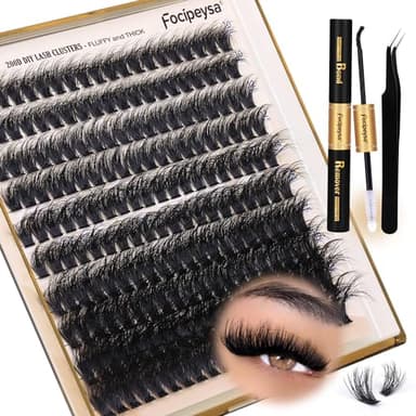 Focipeysa Lash Extension Kit Thick Eyelash Extension Kit 10-18mm Fluffy Lash Clusters 200D Individual Eyelashes Kit with Lash Bond, Lash Remover, Lash Applicator, DIY Lashes Extension - Image 1