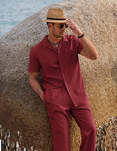 COOFANDY Men Linen Sets Outfits 2 Piece Beach Wedding Shirts Casual Loose Pants - Image 2