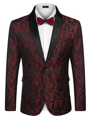 COOFANDY Mens Floral Tuxedo Jacket Paisley Shawl Lapel Suit Blazer Jacket for Dinner,Prom,Wedding Wine Red - Image 2