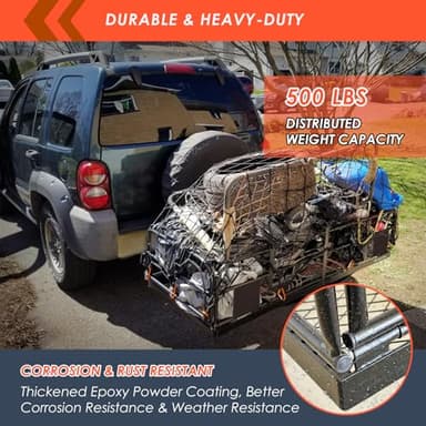 MeeFar High Rail Trailer Folding Hitch Mount Cargo Carrier Basket 60" X 24" X 14"+Waterproof Cargo Bag 20 cu ft(59" 24" 24"), Capacity of 500 Lbs with Hitch Stabilizer, Net, Lock and Straps - Image 3