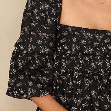 EXLURA Womens Square Neck Dress Long Puff Sleeve A-Line Casual Short Mini Dress Black Floral - Image 4