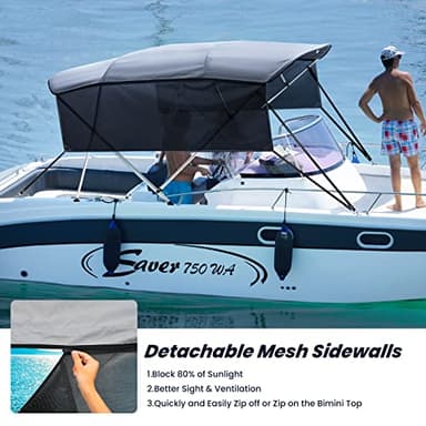KAKIT 3 4 Bow Bimini Tops with Mesh Sidewalls Support Poles for Boats Marine Grade Canvas Top Includes 2 Straps Storage Boot 1 Inch Aluminum Frame - Image 3
