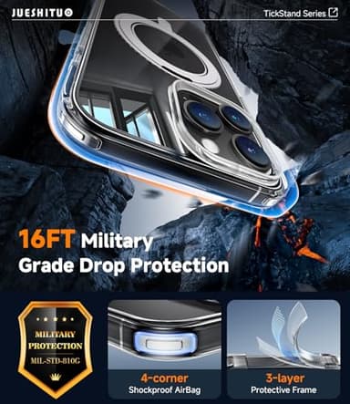 JUESHITUO 3 in 1 for iPhone 16 Pro Case, [Non-Yellowing] 360° Rotatable Magnetic Ring Stand with [1X Screen Protector + 1X Camera Lens Protector], 6.3" iPhone 16 pro case Clear - Image 7