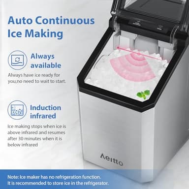 Aeitto Nugget Ice Maker Countertop, 55lbs/Day, Large Capacity Chewable Ice Maker, Rapid Ice Release in 5 Mins, Self-Cleaning with Stainless Steel Housing Ice Machine for Home Office and Party, Silver - Image 5
