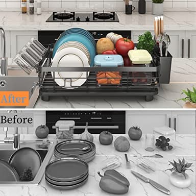 Godboat Dish Drying Rack, Dish Rack with Auto-Drain & Mat, Dish Drainers for Kitchen Counter, Glass Organizer for 4 Cups, 3 Slots Utensil Holder,Gifts for Women Mothers Day, Kitchen Gadgets & Decor - Image 4