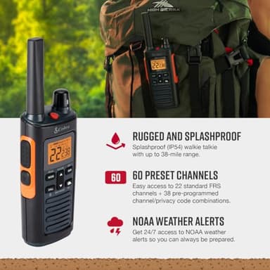 Cobra RX680 Walkie Talkies (2-Pack) - Rugged & Splashproof Two Way Radios Long Range, IP54 Water Resistant Design, 60 Pre-Programmed Channels, Weather Alerts, Included Charging Dock (Black/Orange) - Image 3