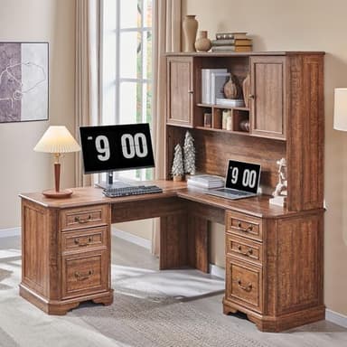 T4TREAM 59" Executive L Shaped Desk with Hutch,Victorian Wood Computer Desk, Featuring Charging Station,File Drawer, Storage Cabinet,for Home Office Work and Study (Reclaimed Barnwood) - Image 7