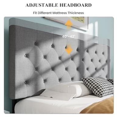 SHA CERLIN Upholstered King Size Platform Bed Frame with 4 Storage Drawers, Adjustable Headboard with Diamond Stitched Button Tufted Design, Wooden Slat Support, No Box Spring Needed, Light Grey - Image 4