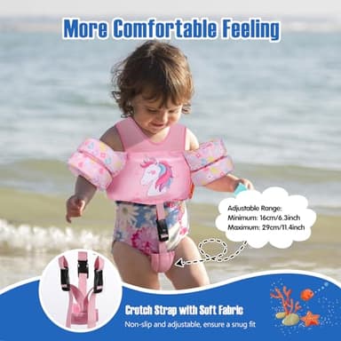 MoKo 13-20-30lbs Toddler Floaties Arm Floaties, Toddler Swim Vest Cartoon Swim Arm Band for Kids with Crotch Strap Pool Float Vests Sleeves Shoulder Straps Learn to Swim, Pale Pink & Note Unicorn - Image 3
