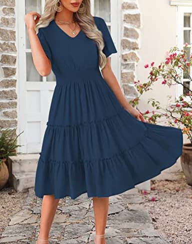 Zattcas Women 2025 Sping Summer Dress Short Sleeve V Neck Smocked Casual Flowy A Line Tiered Modest Teacher Work Graduation Wedding Guest Midi Dress Navy Blue XL - Image 2
