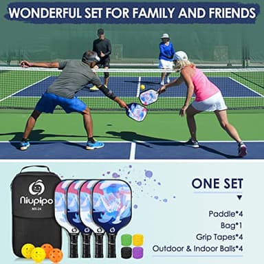 niupipo Pickleball Paddles, Pickleball Paddles Set of 4, Pickleball Paddle with Fiberglass Surface, Polypropylene Honeycomb Core, Cushion Grip, Lightweight Pickleball, Portable Carry Bag, White - Image 2