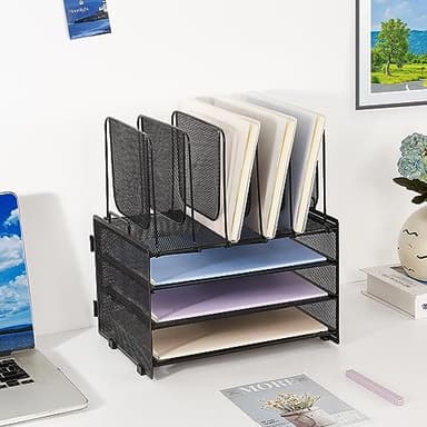 LEKETREE Desk Organizers and Accessories, 3-Tier Paper Organizer with 5 Vertical File Holders, File Folder Organizer (Black, 3T) - Image 3