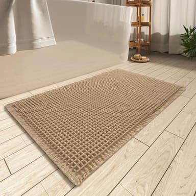 AMOAMI Upgraded Waffle Bath Mat, Super Absorbent Non Slip Bath Mats for Bathroom Floor, Machine Washable Bathroom Rugs with Tassels, Rubber Backed Bathroom Mats, Ultra Soft, 20" x 32", Brown - Image 1