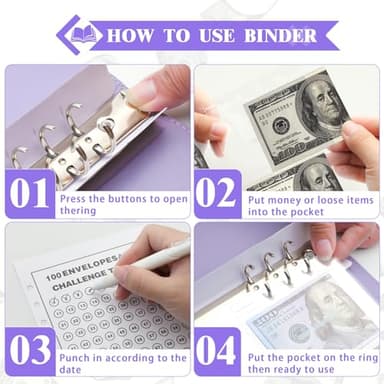 NICOOTH 100 Envelopes Money Saving Binder A5 Savings Challenge Book (Purple) - Image 2