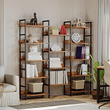 IRONCK Bookcases and Bookshelves Triple Wide 5 Tiers Industrial Bookshelf with Baffles Large Etagere Bookshelf with Metal Frame for Living Room Home Office - Image 4