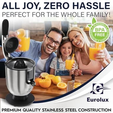 Eurolux Premium Electric Orange Juicer | Stainless Steel Citrus Squeezer With New Ultra-Powerful Motor and Soft Grip Handle for Effortless Juicing, Auto Shutoff, Dishwasher-safe Parts, Pulp Control - Image 6