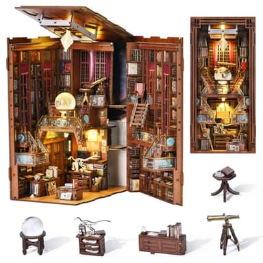 MiniCity DIY Book Nook Kit for Adults, 3D Wooden Puzzle Bookend Bookshelf Insert Decor with LED Light and Dust Cover (Beyond Library) - Image 1