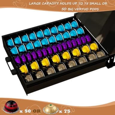 Coffee Pod Holder Drawer Organizer with Deluxe Black Tempered Glass Top, Compatible for Nespresso Vertuo Pods, Holds up to 75 Small or 50 Big Vertuo Pods Compact Design (Piano Black) - Image 4