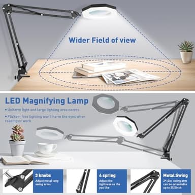10X Magnifying Glass with Light and Clamp, KIRKAS Octagon LED Magnifying Lamp, 3 Color Modes and Stepless Dimmable, Hands Free Lighted Magnifier Glass Lens for Crafts, Repair, Close Work - Black - Image 5