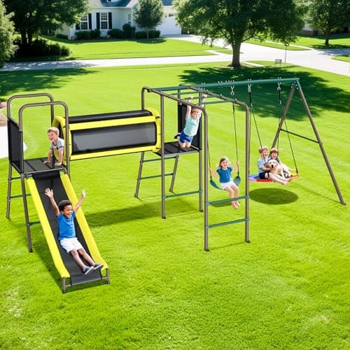 Hapfan 660lbs Swing Set with Slide,Crawl Tunnel and Monkey Bars for Backyard,5 in 1 Metal Swingset Outdoor for Kids Aged 3-12 - Image 1