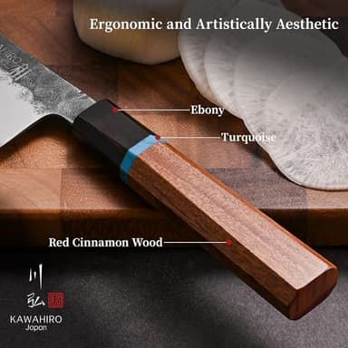 KAWAHIRO 210mm Japanese Kiritsuke Chef Knife with Tri-Ply VG-10 Stainless Steel Blade, Ergonomic Handle Grip and Premium Wood Box, Cooking Gifts for Men Women - Image 5