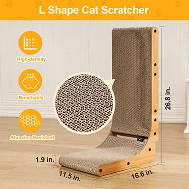 Poils bebe L Shape Cat Scratcher, 26.8 Inch Cat Scratchers for Indoor Cats, Protecting Furniture Cat Scratch Pad, Cardboard Cat Scratching with Ball Toy, Catnip, Large - Image 5